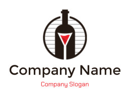 Minimalistic stylized image of a bottle with a red tie on striped background.