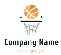 An abstract illustration of a basketball and hoop with stars.