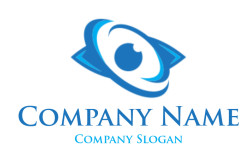 Abstract blue eye logo design with swirling elements and circular patterns.