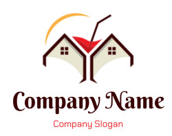 Abstract logo featuring symmetrical houses with a red bird and a sun in the background.