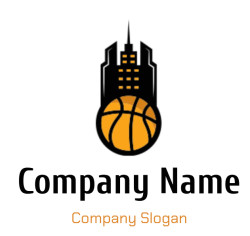 Basketball and city skyline combined in a unique logo design.