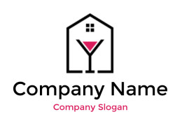 Minimalistic geometric design of a house icon with a pink triangle inside.