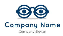 Stylized illustration of blue eyeglasses with eyes visible behind the lenses.