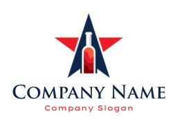 Logo featuring a rocket shape with a wine bottle and star design in red and blue.