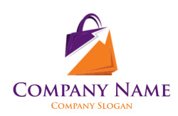 Illustration of a purple and orange shopping bag logo.
