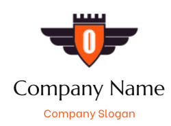 Stylized winged crest with an orange shield and a central vertical oval design.