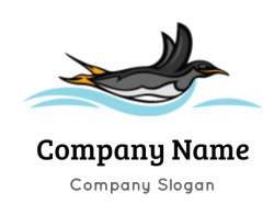 Illustration of a penguin swimming swiftly through stylized ocean waves.