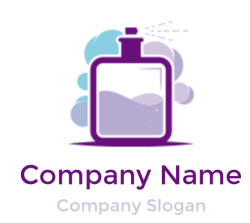 Illustration of a purple perfume bottle with spray and aroma effect.