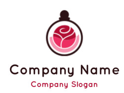 A stylized red rose design enclosed in a dark circular frame.