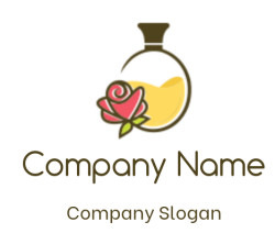Illustration of a yellow perfume bottle with a stylized pink rose design.