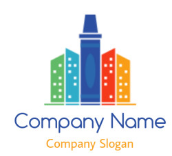 Illustration of a colorful city skyline with multicolored buildings and a central skyscraper.