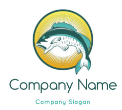A stylized fish logo with a sunburst background in a circular design.