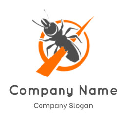 Illustrative logo of a termite with an orange prohibition symbol, representing pest control.