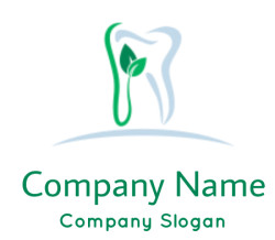 Dental logo with a tooth and leaf design representing eco-friendly dental care.