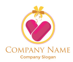 Two pink heart shapes inside a circular emblem with a yellow ribbon on top.
