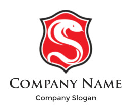 A red shield with a black curved serpent design emblem.