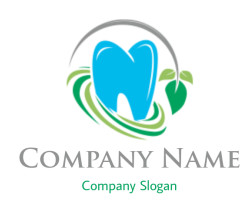Eco-friendly dental logo featuring a blue tooth with a green leaf.