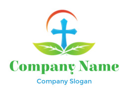 religious logo cross with leaves swoosh on top