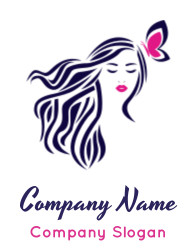 beauty logo woman face in long hair with butterfly