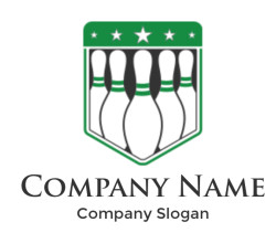 Emblem featuring five black bowling pins with a green border and stars above.