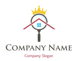 Logo of a magnifying glass over a house roof with a window, topped by a crown