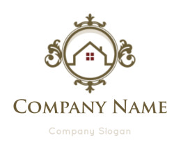 Ornate logo with a house inside a decorative frame.