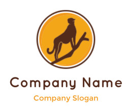 Brown silhouette of a monkey on a branch within an orange circular logo.