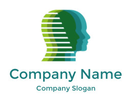 Abstract design of layered human head silhouettes in gradient green and blue colors.