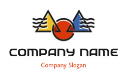 Abstract geometric symbol featuring a red circle flanked by a yellow triangle on the left and a blue triangle on the right.