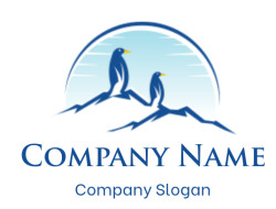 Graphic of two blue penguins standing on a mountain silhouette.