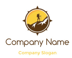 Silhouette of a hiker on a mountain inside a badge-shaped icon with a compass design.