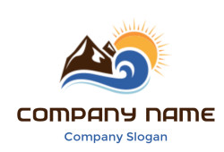 Illustration of a brown mountain, blue ocean wave, and golden sun.