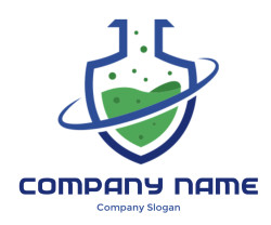 Abstract shield logo with green and blue colors featuring an orbit design.