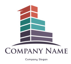 Logo with stacked geometric blocks in various colors.