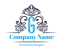 Elegant blue and black logo with ornamental design and monogram.