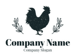 Silhouette of a rooster flanked by decorative leaves.