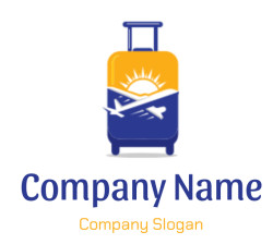 Travel luggage with a design of an airplane and sunrise.