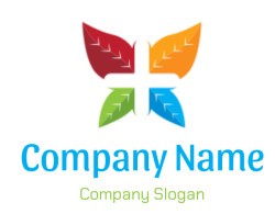 Abstract butterfly logo with colorful leaf designs in red, orange, green, and blue.