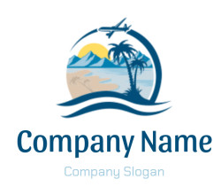 Logo featuring a tropical scene with an airplane, palm trees, mountains, and ocean.