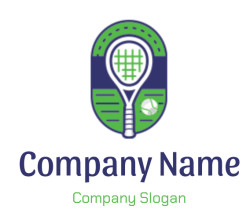 Illustration of a tennis logo featuring a racket and ball.