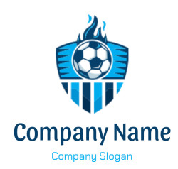 An emblem featuring a soccer ball with flames on a blue shield.
