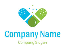 Abstract logo image of a blue and green capsule with droplets forming a shape.