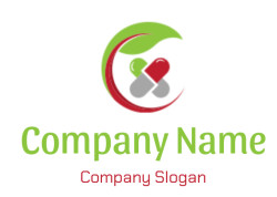 Healthcare symbol featuring a green leaf and red capsule.