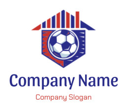 Soccer ball with a red and blue geometric design forming a shield shape.