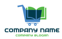 Graphic of a shopping cart with a book symbol in blue and green colors.