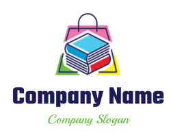 Icon of stacked colorful books inside a shopping bag.
