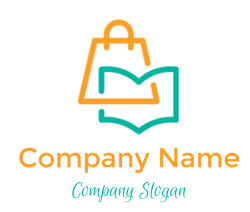 An icon featuring a stylized orange shopping bag combined with a teal open book.