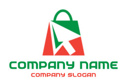 Logo icon of a shopping bag with an arrow design in green and red.