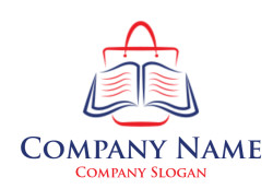 Logo featuring a red shopping bag integrated with an open book design in blue.