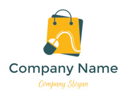 Illustration of a yellow and blue shopping bag with a mouse logo symbolizing ecommerce.